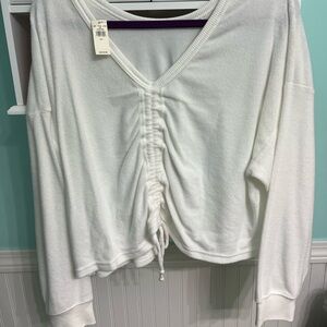 Aerie White Ruched Long Sleeve Top